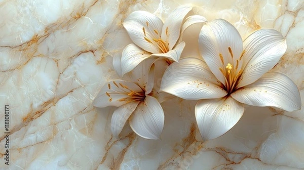 Fototapeta Elegant White Lilies on Marble: A Luxurious Floral Background Image