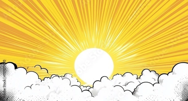 Fototapeta A yellow and white comic book-style background with halftone dots, white clouds at the bottom of the frame, a bright sun in the center
