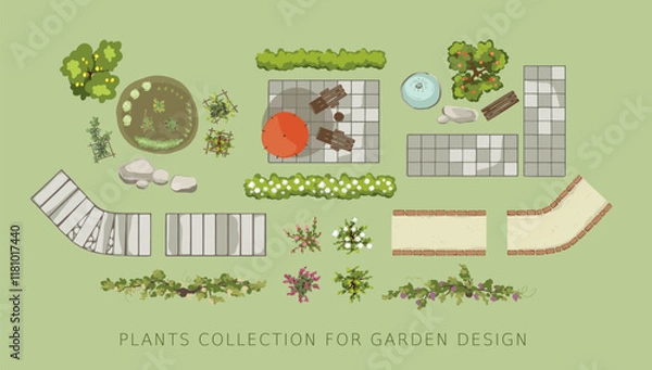 Fototapeta Plants and architectural elements for garden design. Set of vector illustrations of trees, bushes, paths, garden beds for landscape design or plot plan. Top view.