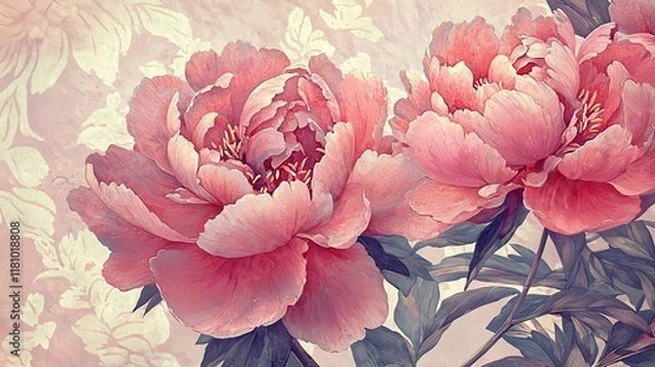 Fototapeta Vintage Spring Illustration of Peonies with Soft Color Palette and Floral Background