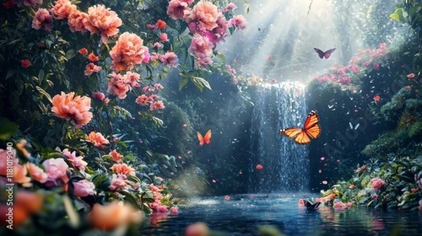 Fototapeta Whimsical Garden Scene with Cascading Waterfall and Colorful Butterflies