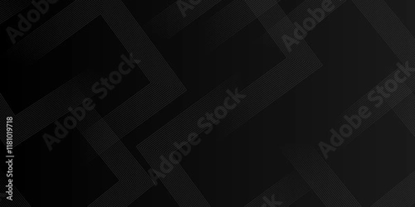 Fototapeta Abstract modern geometric stripped lines background with black & dark gray squares element on black bg. Modern design for poster, banner, wallpaper, mockup, flyer, and report. Vector illustration.