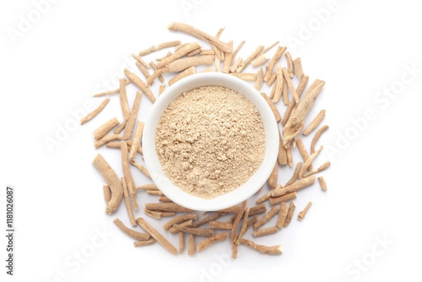 Obraz A bowl of Organic Ashwagandha (Withania somnifera) powder, placed over a heap of whole ashwagandha roots. Isolated on a white background.