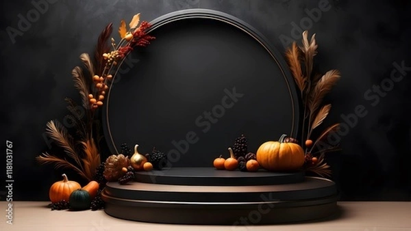 Obraz round podium banner with empty space, black luxury Thanksgiving theme background