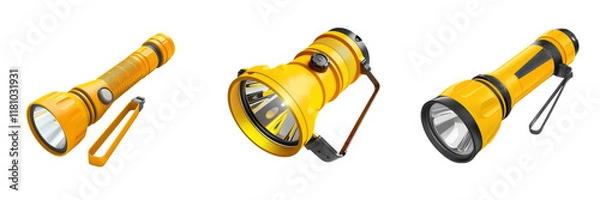 Fototapeta Bright yellow flashlight ideal for camping, emergency situations, or outdoor activities. Portable and durable, perfect for various uses., on transparent background png file