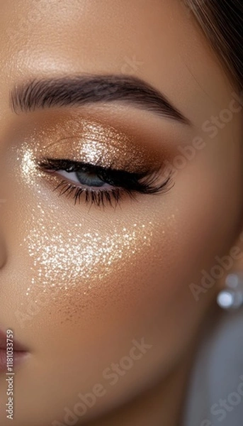 Obraz Close-up of eye makeup with gold glitter eyeshadow and highlight.