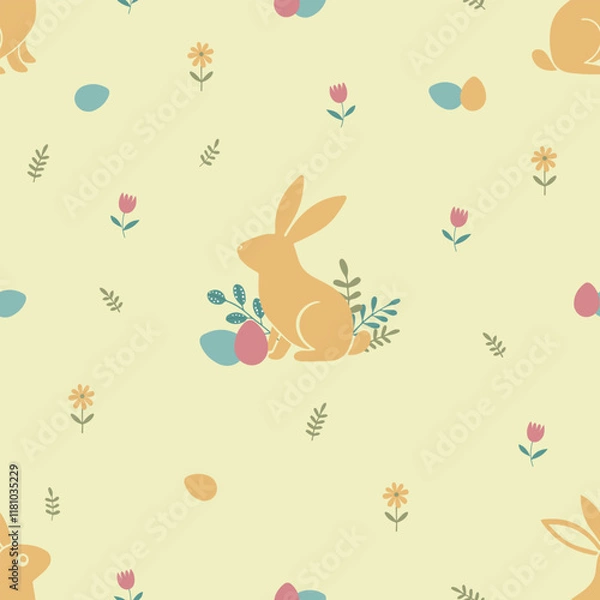 Fototapeta Seamless Easter pattern with bunny, Easter eggs and flowers on yellow background