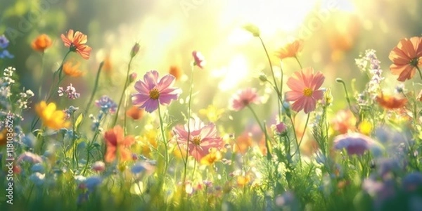 Obraz Backlit flowers in a vibrant meadow create a stunning visual display, highlighting the beauty of flowers and the enchanting atmosphere of the serene meadow setting.