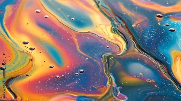 Fototapeta Multicolored spot gasoline creates an intriguing abstract background, resembling an oil spill on water. The vibrant hues of this abstract gasoline spot enhance the visual appeal of the composition.