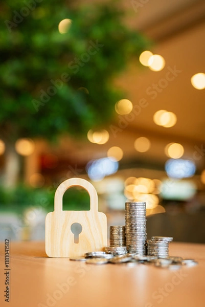 Fototapeta A model of a wooden lock and a pile of coins arranged from low to high. Your concept of deposit protection, investment protection, value of money, Manage funds systematically