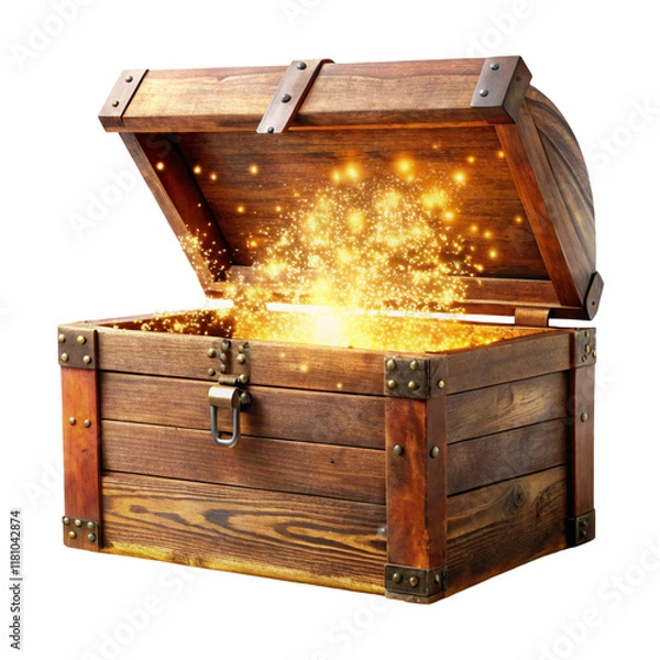 Obraz Old wooden chest with sparkling particles isolated on transparent background  
