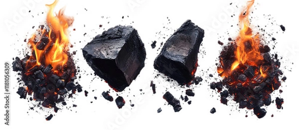 Fototapeta Set of burning charcoal and glowing embers isolated