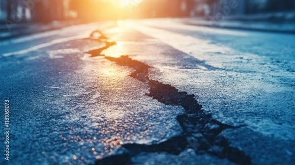 Fototapeta Cracked Road Surface at Sunset
