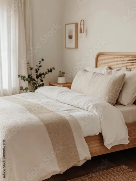 Fototapeta A cozy bedroom setting with a wooden bed featuring a wicker headboard. The bed is neatly made with neutral-toned bedding and a woven throw blanket