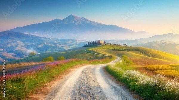 Fototapeta Charming countryside path adorned with vibrant spring blossoms in a scenic landscape