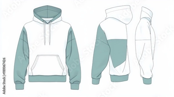 Obraz This technical illustration of a hoodie and sweatshirt provides flat technical drawings for both men and women. The white and green hoodie and sweatshirt feature front and back views