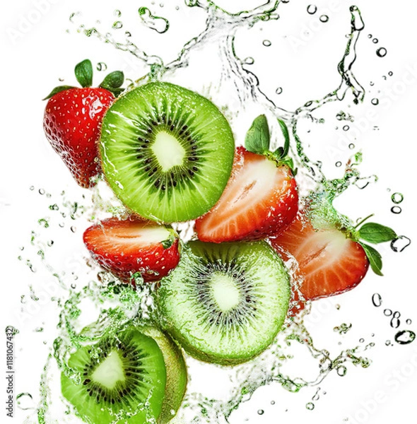 Fototapeta Set of fresh kiwi slices splashing with strawberry juice waves