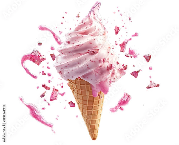 Obraz A flying ice cream cone with pink splashes and broken pieces