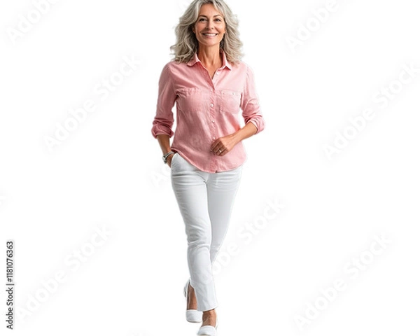 Obraz A happy woman in her fifties smiling while walking
