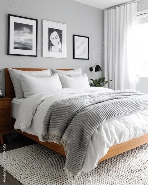 Fototapeta A tranquil bedroom with light gray tones, layered bedding, and a soft area rug