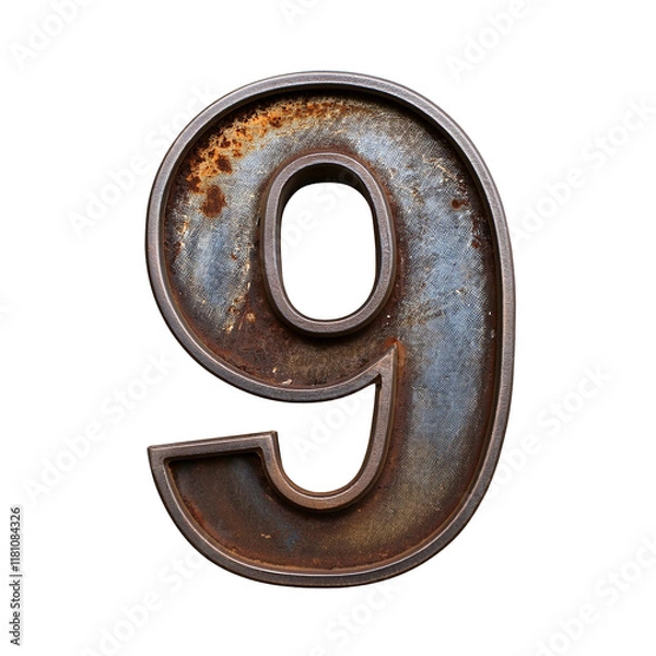 Obraz 3D Grunge Metal Number 9 Isolated on White Background, Cut Out