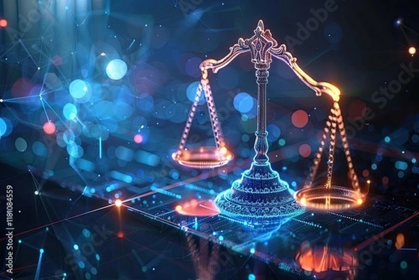 Fototapeta High Quality Picture of Scales of Justice on Abstract Background with Futuristic Digital Lights