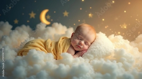 Fototapeta Adorable Baby Sleeping Peacefully on Cloud-Simulated Background Under Night Sky
