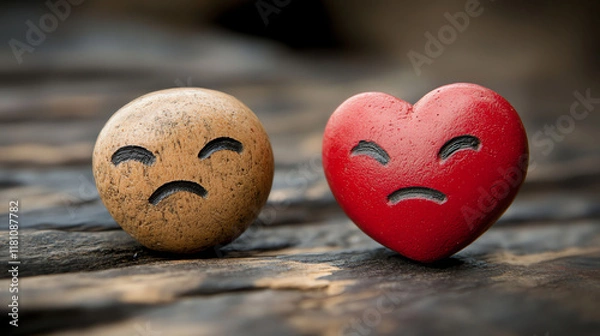 Fototapeta Sad stone heart and circle on wood. Perfect for relationship difficulties and emotional pain concepts.