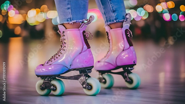 Fototapeta Woman's feet in iridescent roller skates gliding on a rink at night, festive lights blurred in background, leisure activity.
