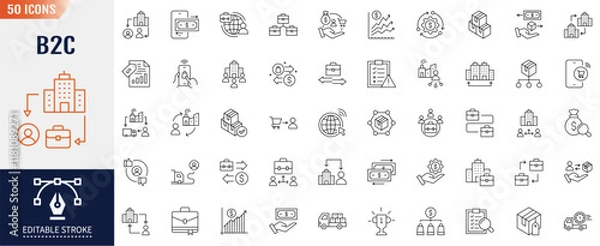 Fototapeta Business-to-consumer, B2C line icon set. Editable stroke. Business model, customer, service, selling, product, direct selling, retailer icon. Vector illustartion
