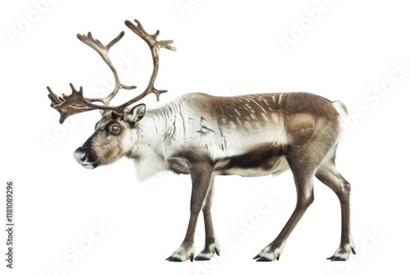 Fototapeta Frontal View of Reindeer Isolated on a White Background the Whole Body with Antlers