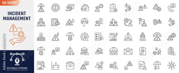 Fototapeta Incident management line icon set. Editable stroke. Containing response, emergency, notification, crisis, preparedness, recovery, mitigation icon. Vector illustration.