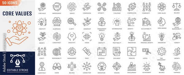 Fototapeta Core values line icon set. Editable stroke. Containing acceptance, achievement, adaptability, authenticity, autonomy, balance, badness icon. Vector illustration