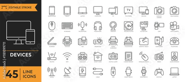 Fototapeta Devices icon set. Containing Gadget, technology, mobile, computer, tablet and more. Vector illustration