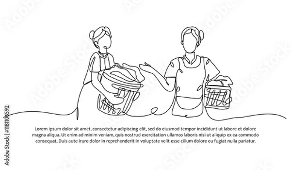 Fototapeta Continuous one line design of laundry model. Minimalist style vector illustration on white background.