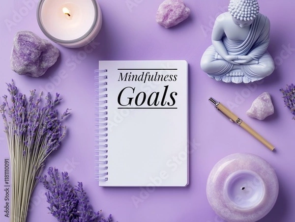 Fototapeta Concept image of mindfulness and awareness goals with scented candles, healing stones, buddha figure and notepad with "mindfulness goals" and lavender in violet color. Copy space provided