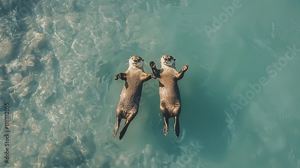 Obraz Two otters floating on their backs in clear turquoise water.