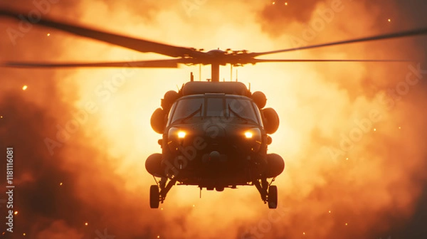 Fototapeta Front view of military helicopter in action dramatic combat zone artwork