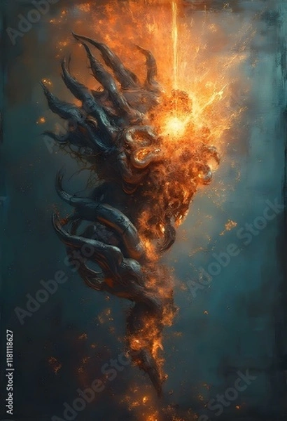 Fototapeta Apocalyptic religious background - end of the world, battle of armageddon, forces of evil destroy humanity.