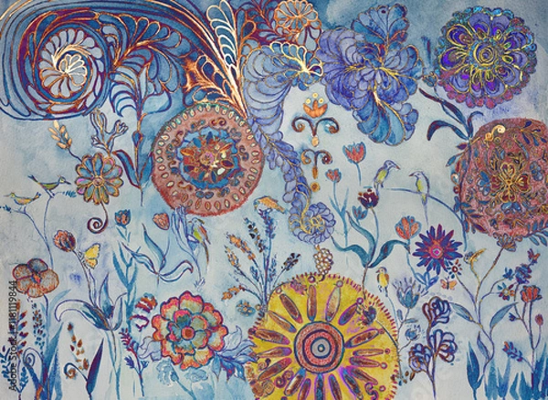 Fototapeta Ornamental garden with birds and flowers and blue background. The dabbing technique near the edges gives a soft focus effect due to the altered surface roughness of the paper.
