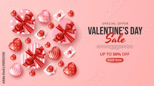 Fototapeta Valentine's day sale banner template with heart gift, envelope and heart elements. Vector Illustration