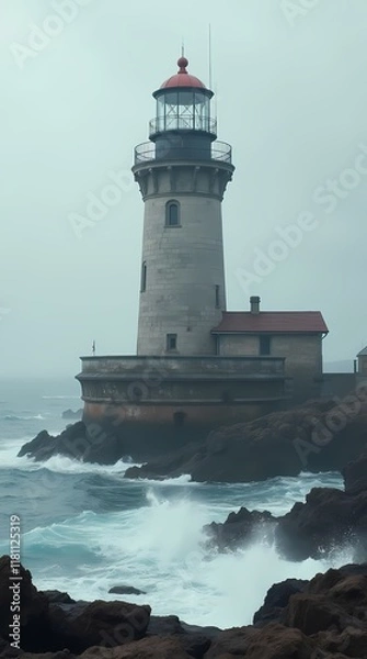 Fototapeta An old lighthouse on the coast, waves crashing against its base