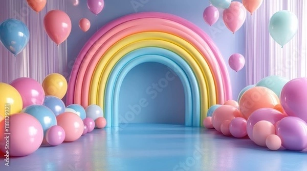 Obraz Playful and Elegant 3D Pastel Rainbow Arch with Colorful Balloons