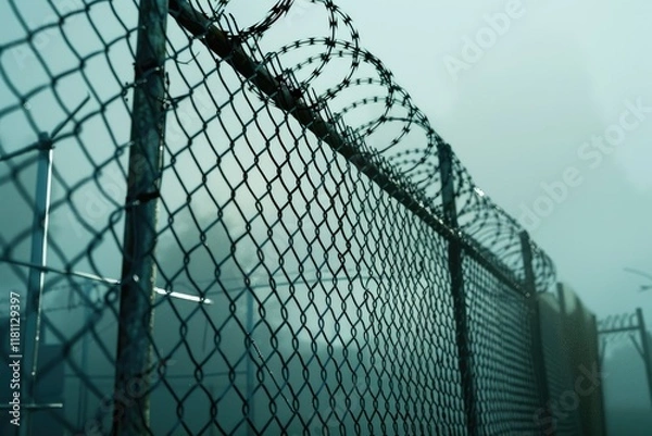 Fototapeta Detailed Image of Menacing Barbed Wire Fence Around Secure Facility