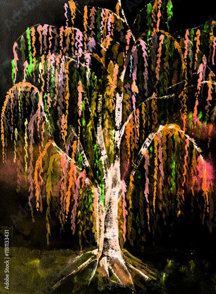 Fototapeta Illuminated psychedelic weeping willow in the night. The dabbing technique near the edges gives a soft focus effect due to the altered surface roughness of the paper.
