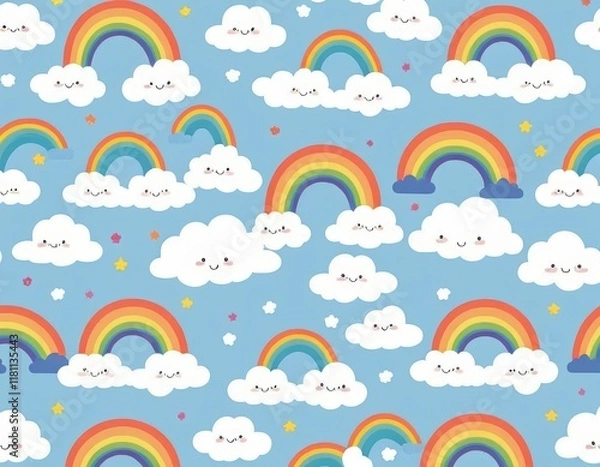 Fototapeta Adorable Cartoon Rainbows and Smiling Clouds Seamless Pattern
