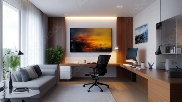 Fototapeta A stylish home office with a sleek desk, modern lighting, and contemporary artwork, blending design with productivity