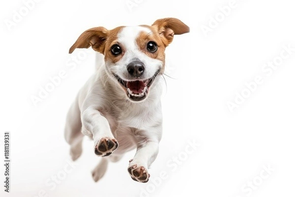 Fototapeta Happy Cute Dog Running and Jumping Isolated on White or Transparent Background