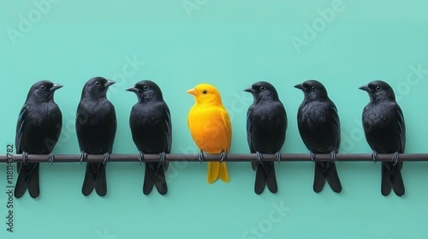 Fototapeta Yellow Bird Among Black Birds Perched on a Branch, contrast in color, visually striking, theme of standing out