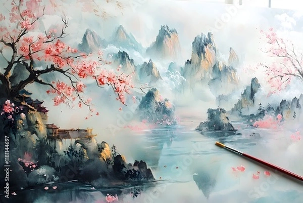 Fototapeta Traditional Chinese Landscape Painting with Mountain River and Cherry Blossoms